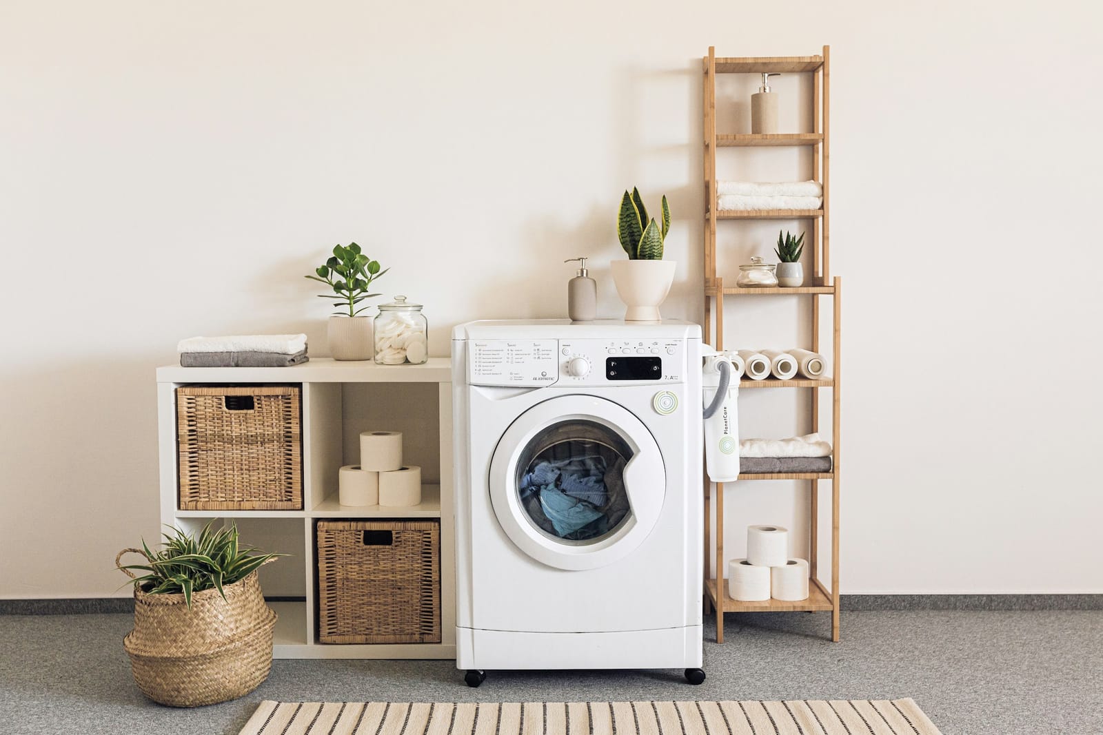 Front-loader washing machine in a calm Scandinavian-style laundry with houseplants, wicker storage baskets, and folded linens on open shelving